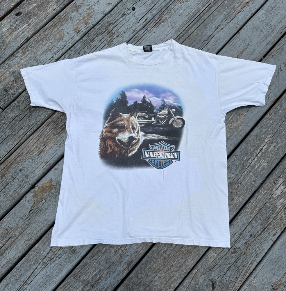 Vintage Harley Davidson Wolf Animal Biker Tee Shirt 90s White Valley Belmont OH