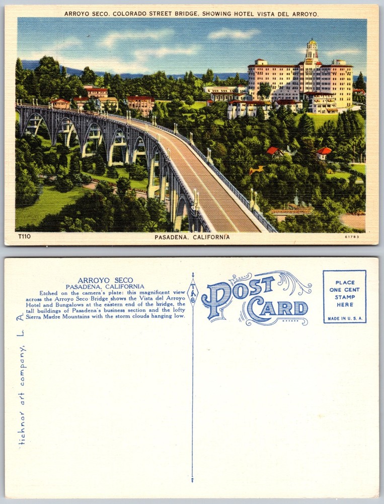 Colorado Street Bridge Hotel Vista Del Arroyo Pasadena CA Postcard