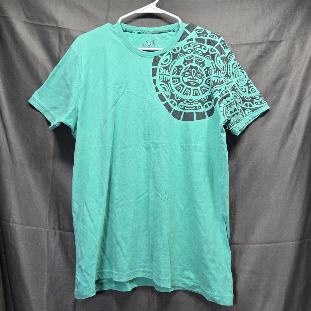 Maori Hook Teal Green Shirt Men's Large Graphic Print Hawaii Shark Polynesian