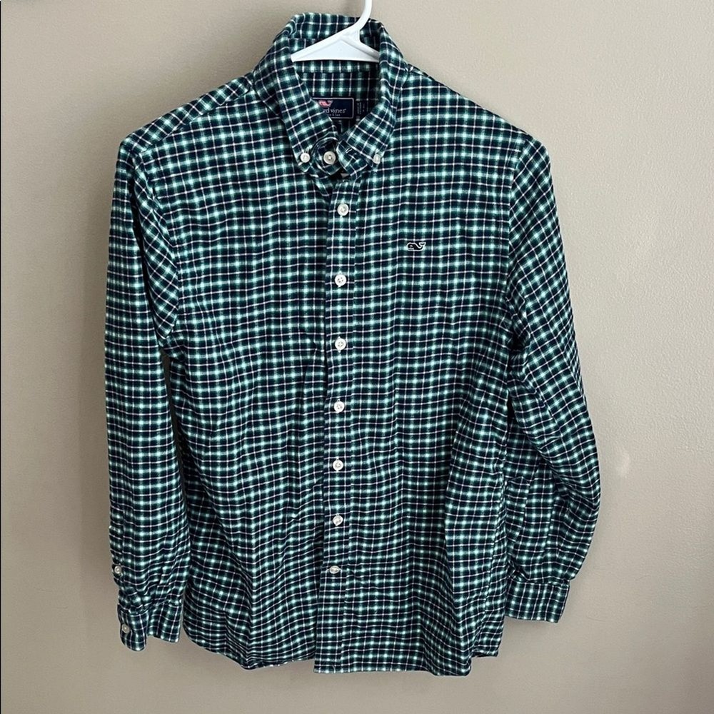 Vineyard Vines boys button down long sleeve plaid cotton whale shirt Large, 16