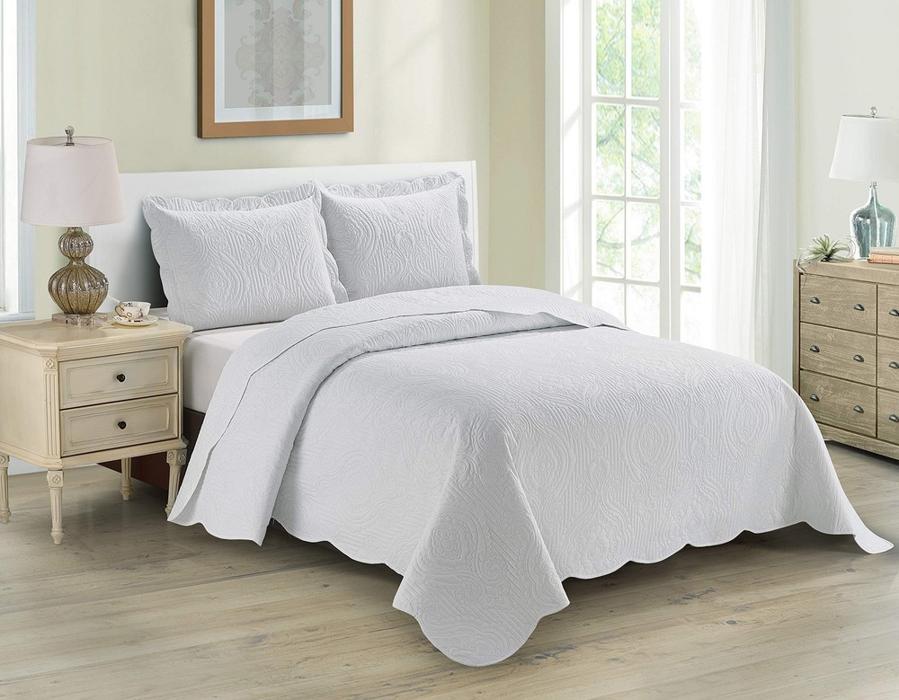 3pc Full/Queen Over Size Luxury Embossed Bedspread Set Light Weight Solid Whi...