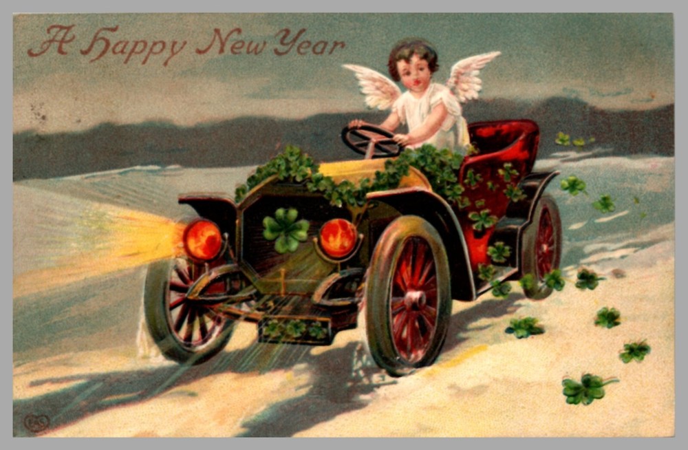 A Happy New Year Cherub Driving Clover-Decorated Car c1913 Embossed DB Postcard