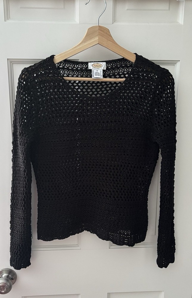 Vintage Talbots Black Cotton Crochet Open Knit Sweater Size Medium