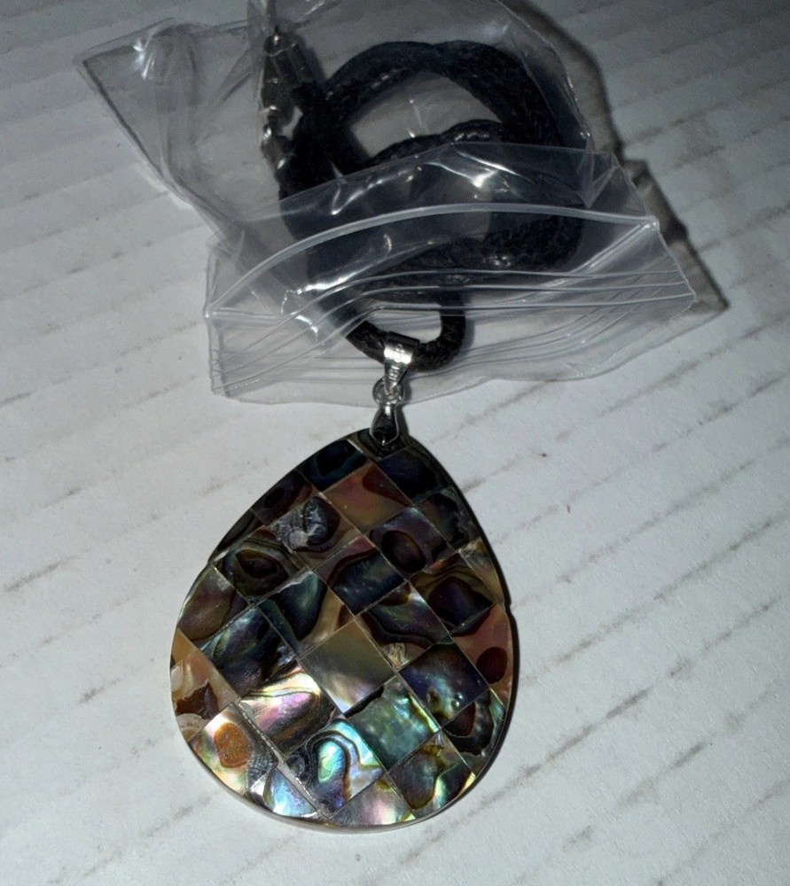 Vintage Abalone Shell Pendant Teardrop Necklace Gray Cord Adjustable