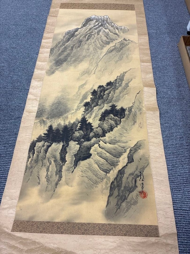 Japanese Hanging scroll white cloud brush landscape painting light color on pape