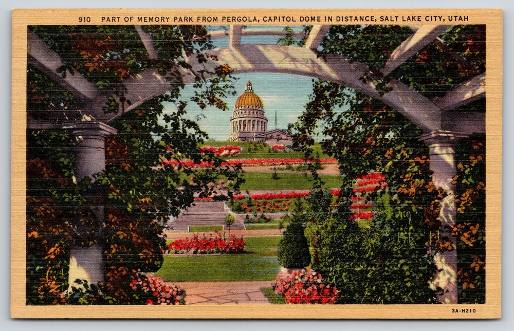 Memory Park From Pergola & Capitol Dome Salt Lake City UT~Vintage Linen Postcard