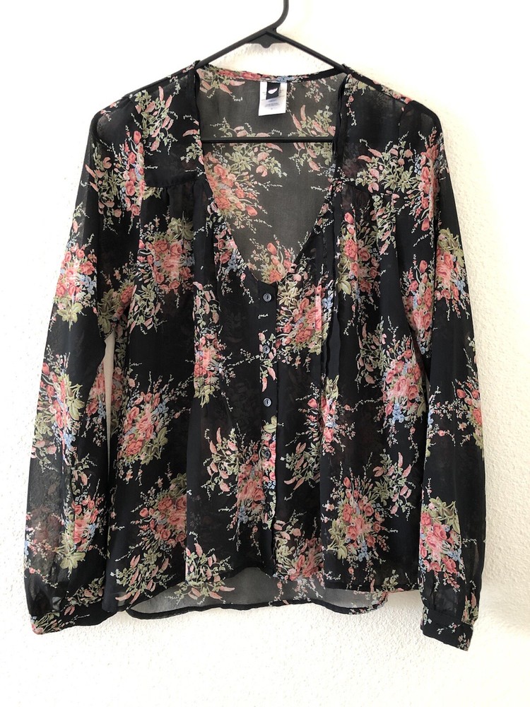 Love Square Black Pink Floral Chiffon Blouse Women Size Small