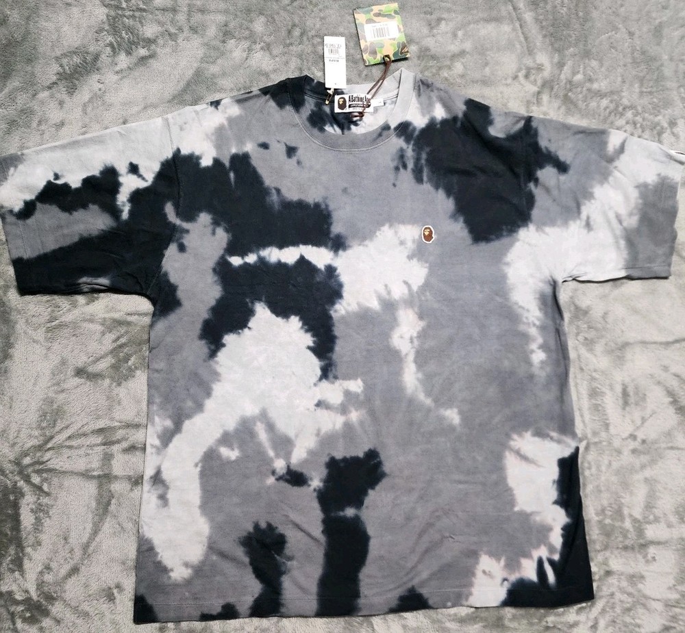 A Bathing Ape Husen One Point Tie-Dye Logo T-Shirt Black Gray White Size L