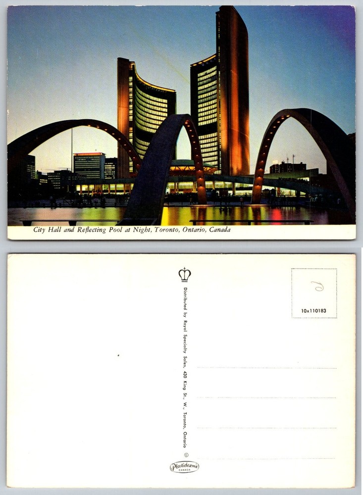 Vintage Toronto City Hall & Reflecting Pool Night Postcard Canada Plastichrome