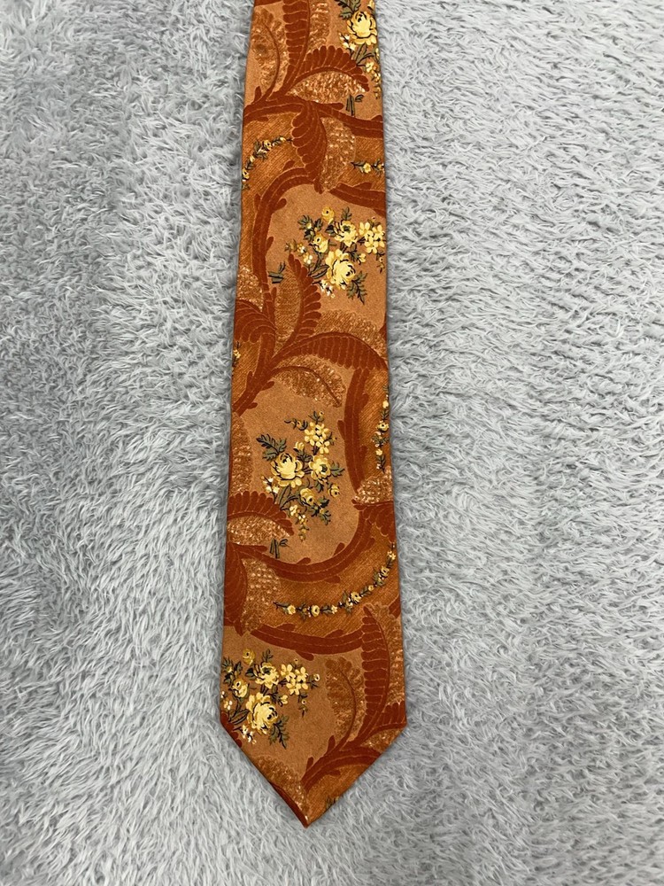 Ermenegildo Zegna Tie Mens One Size Orange Floral 100% Silk Made Italy Woven