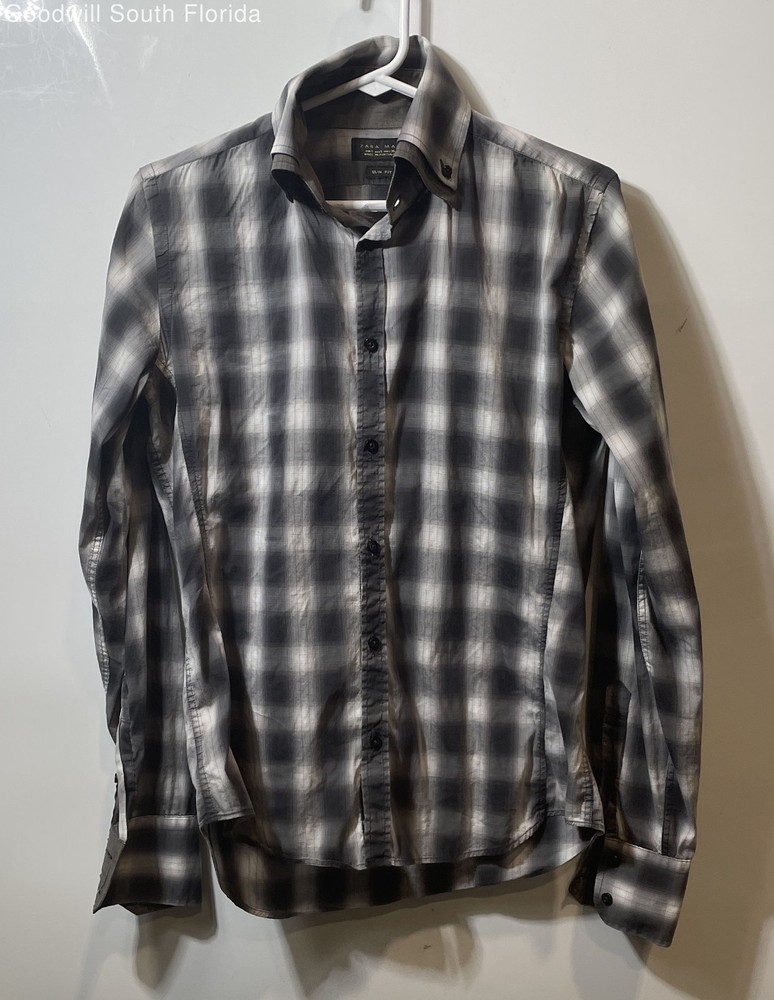 Zara Man Mens Black Gray White Plaid Slim Fit Long Sleeve Button-Up Shirt Size S