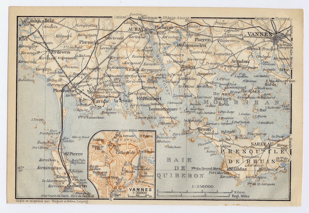 1919 Antique Map Of Vicinity Of Vannes Auray Sarzeau Brittany Bretagne / France