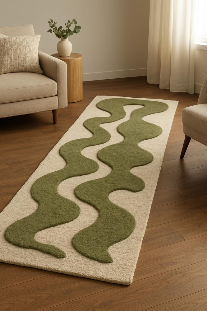 Green Wavy Pattern Runner Rug – Hand-Tufted 100% Wool Modern Rug Carpet