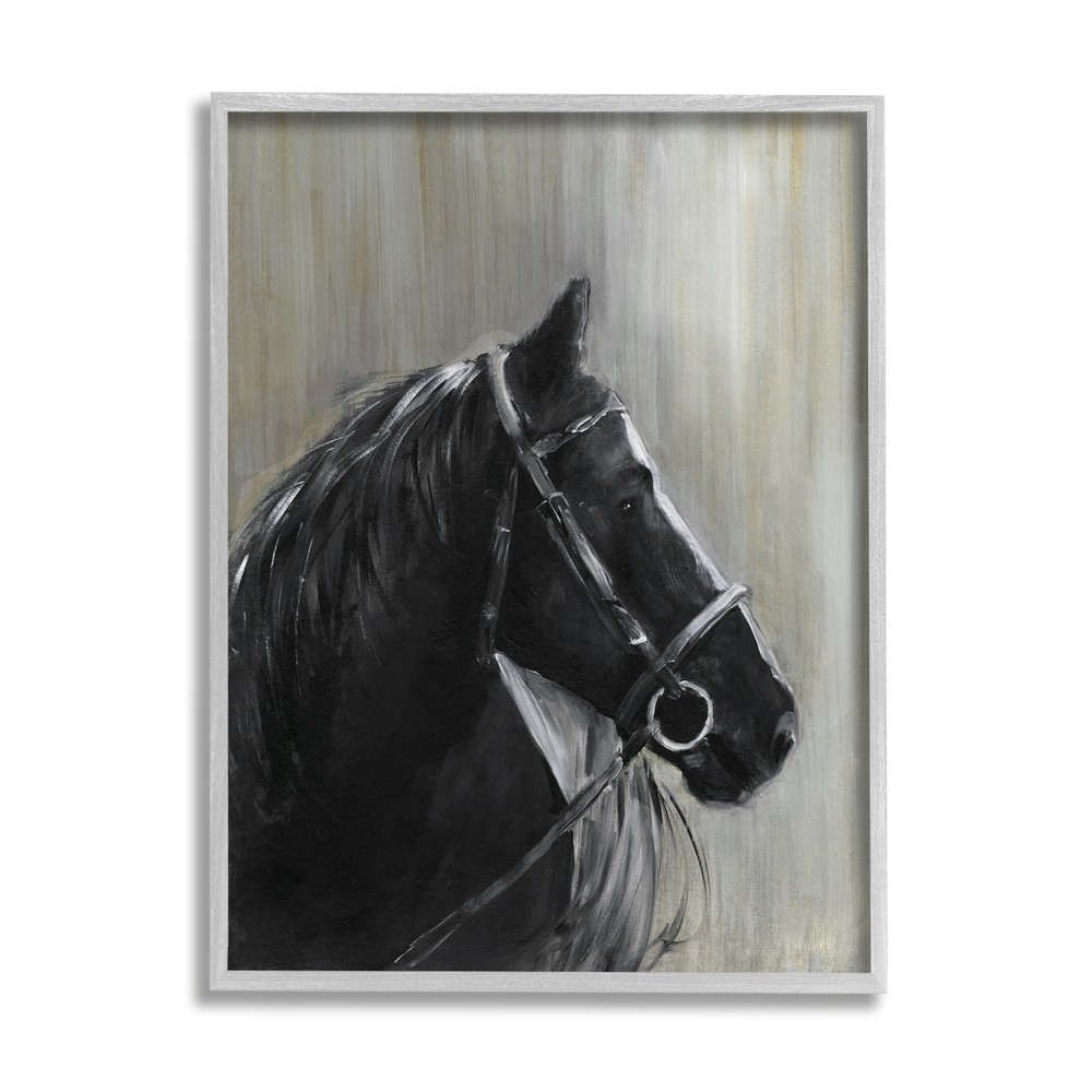 Stupell Black Horse in Bridle Solemn Equestrian Portrait Black 11 x 14