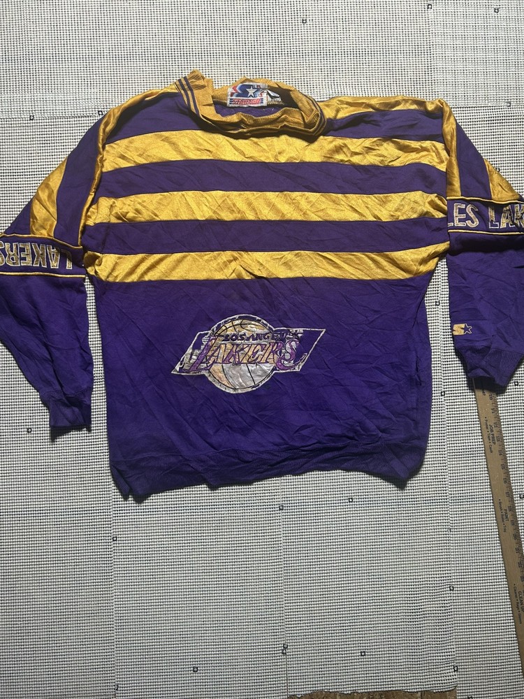 VINTAGE Los Angeles Lakers STARTER Big Logo Sweat Shirt Stripes  90's NBA Men XL