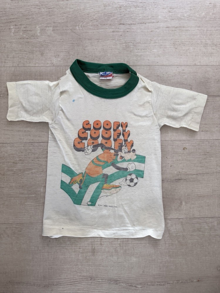 Kids Vintage Goofy Disney Ringer T Shirt Very Rare Size 4T Natural And Green ￼