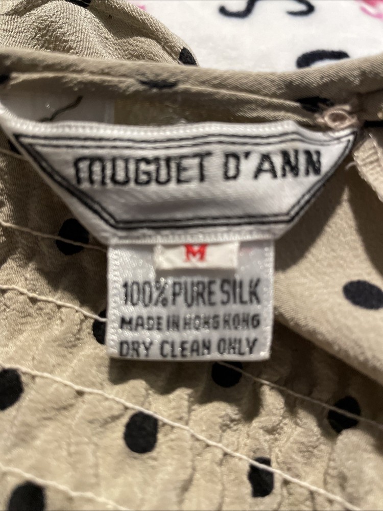 Muguet D’ Ann Woman’s Silk Blouse. Size M. Taupe With Black Polka Dots