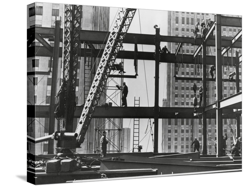 Stretched Canvas Print Iron Workers Raise Steel at 32nd Floor of the Esso Bui...