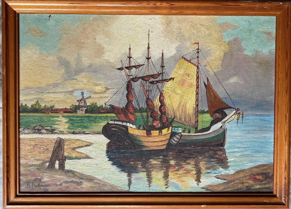 Oil Painting Harbor By Prothmann Ships Sailboats Mills Holland Coast Antique Oil