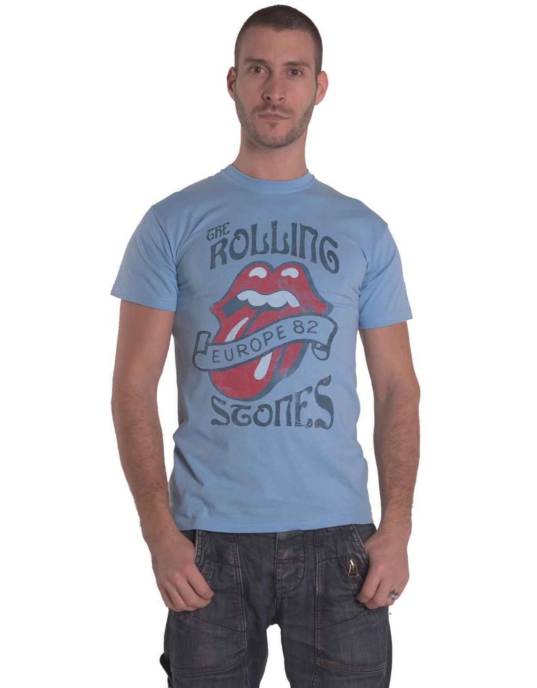 Rolling Stones Europe 82 Tour Official Mens T-Shirt Band Logo Stone Blue