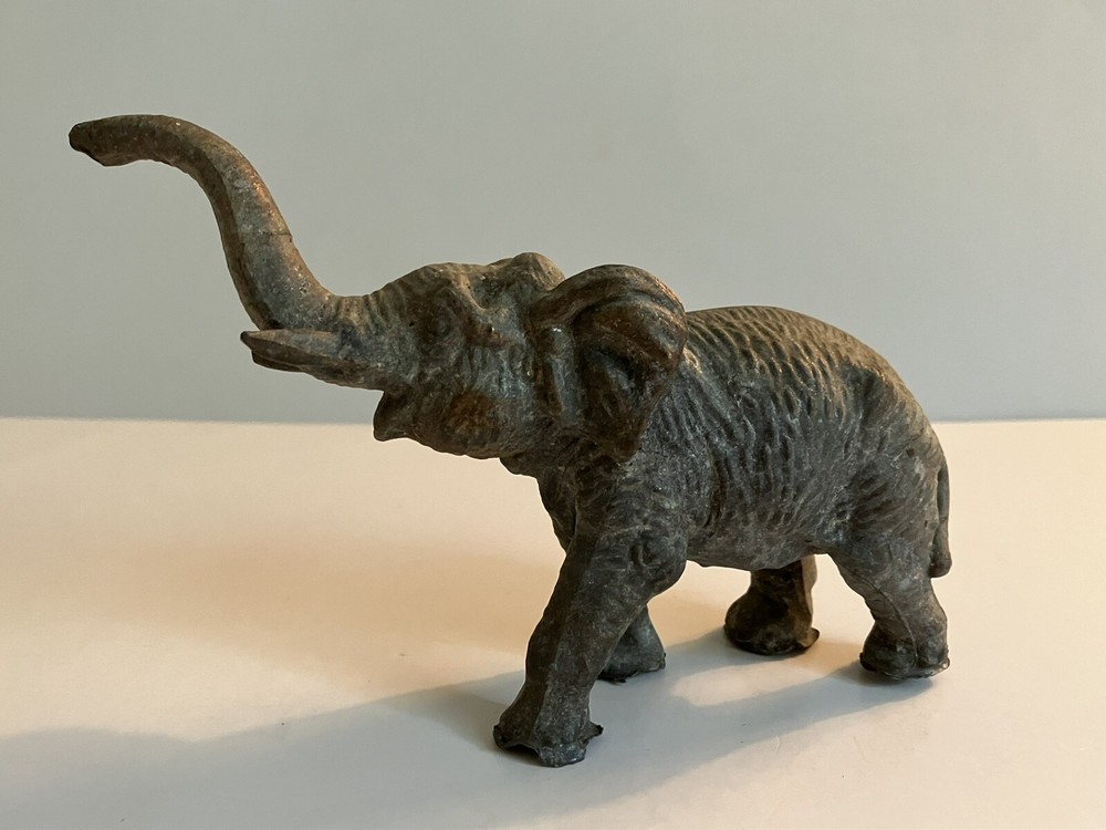 Vintage Old Cast Metal Elephant Statue Figurine Trunk Up Old Patina