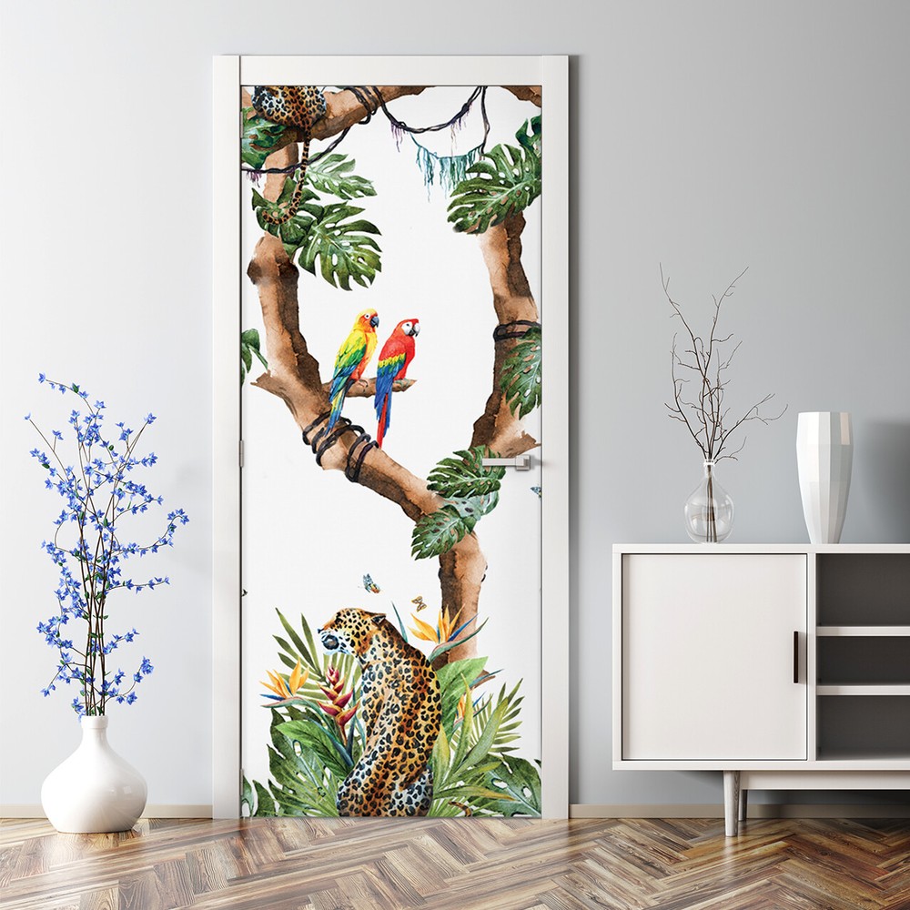 Bubble Free Door sticker Tropical Cheetahs Floral Tropical Wall Covering Mural