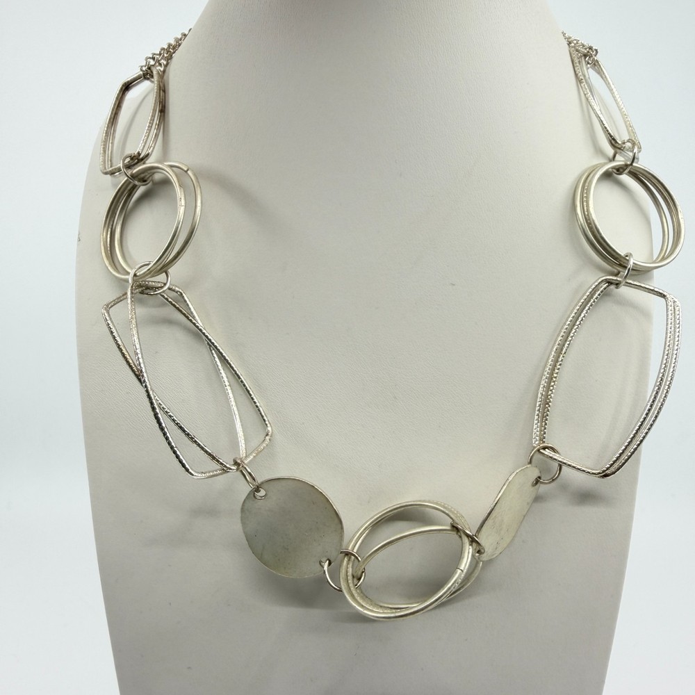Vintage Retro Silver Tone Bold Chunky Geometric Link Statement Necklace Y2K Boho
