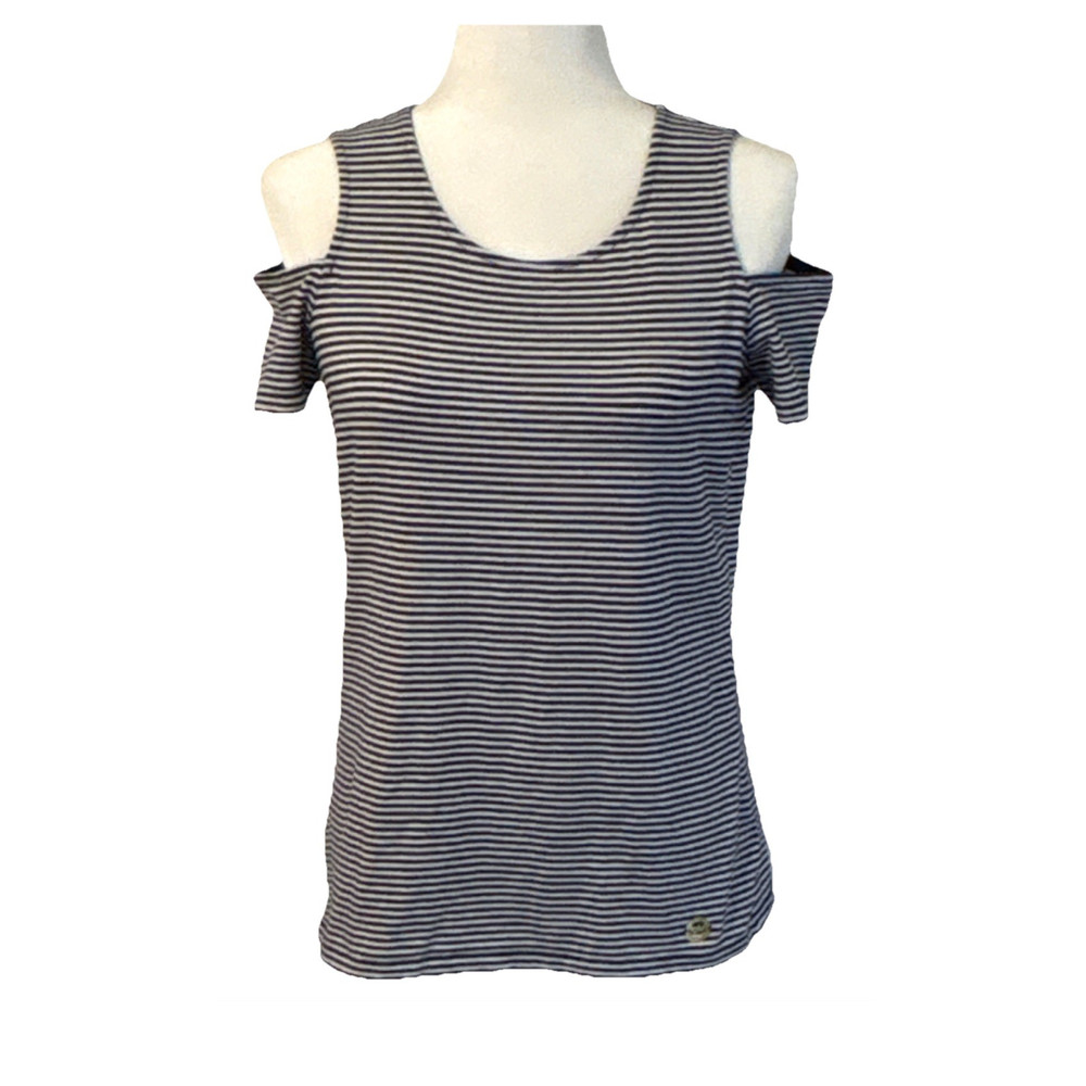 MICHAEL Michael Kors Cotton Knit Navy/White Striped Cold Shoulder Pullover Top S