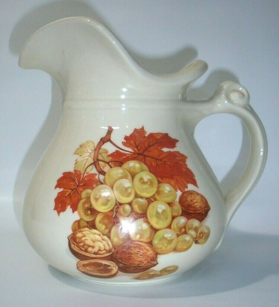 Vtg McCoy Pottery #7515 Pitcher Fall Leaves/Grapes/Walnuts Cream Color, Rare!
