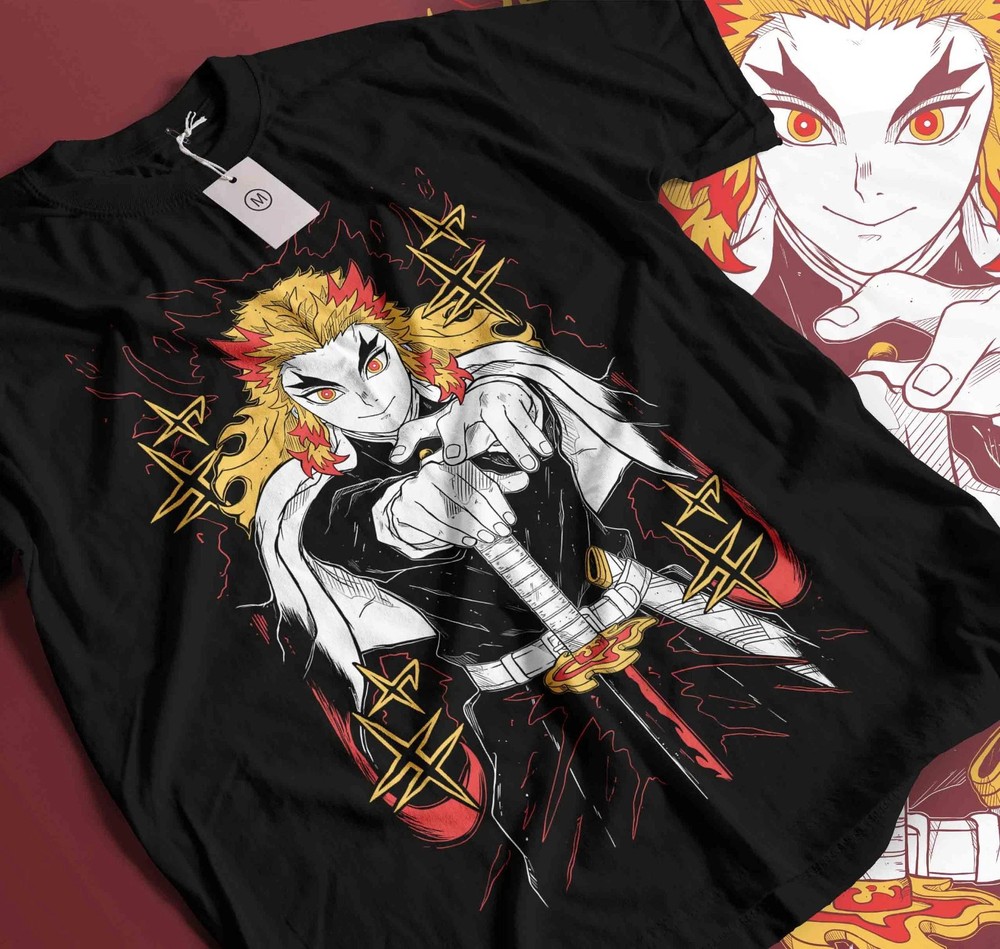 Demon Slayer Kimetsu No Yaiba Kyojuro Rengoku Black T-shirt