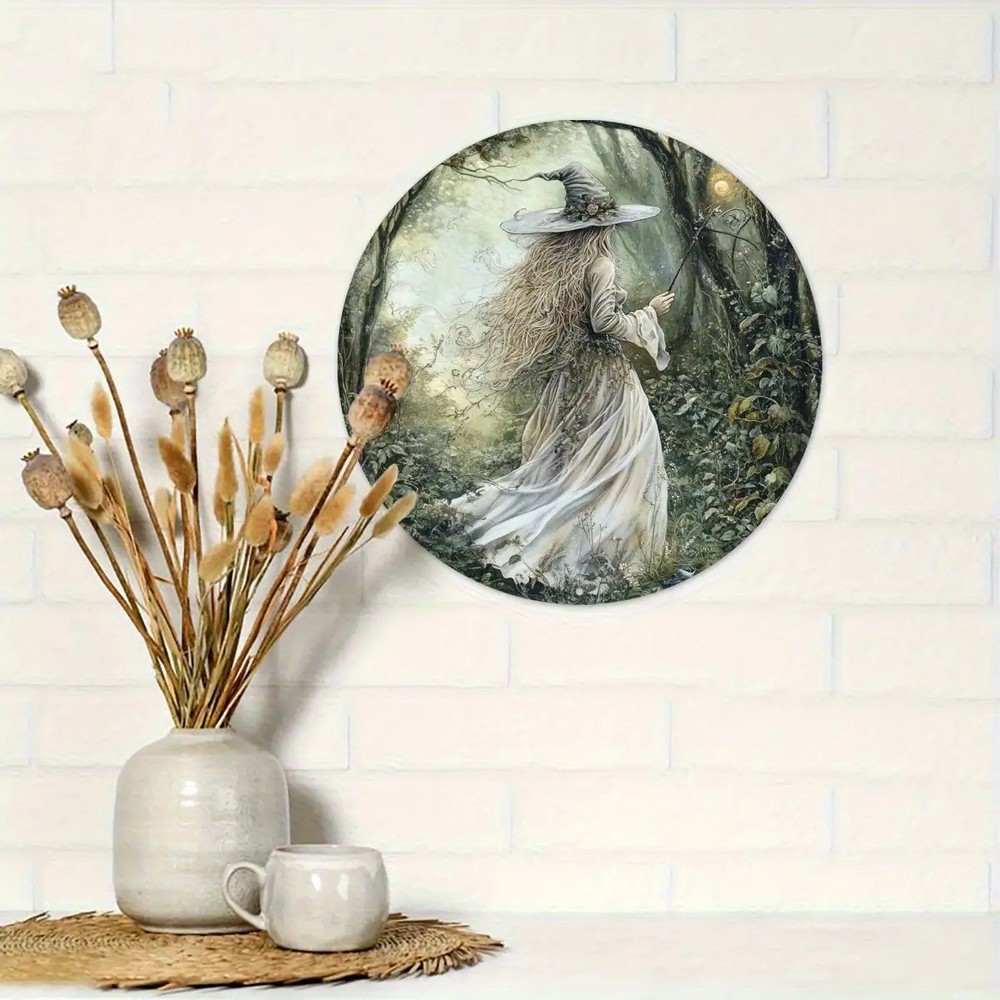 Vintage Witch Forest Round Aluminum Halloween Wall Art