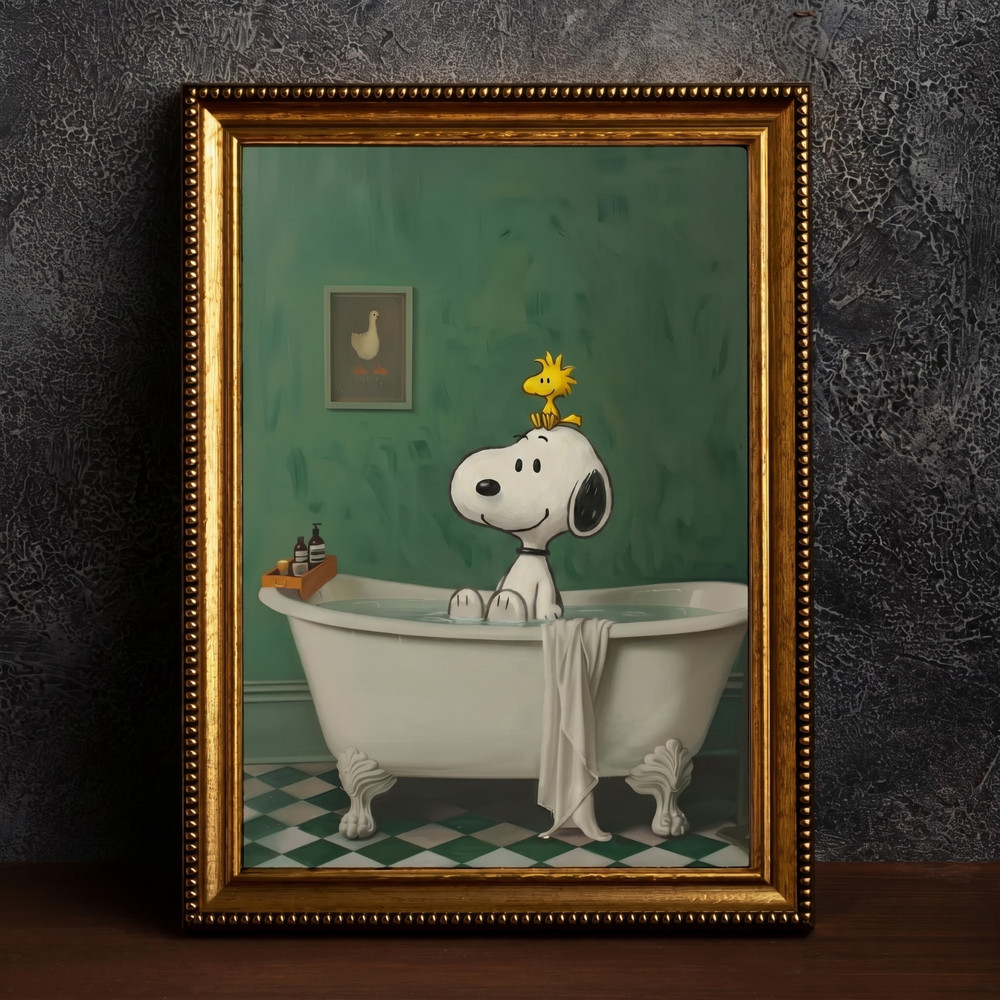 Snoopy Bathtub Poster Peanuts Woodstock Canvas Cute Bathroom Wall Decor Art