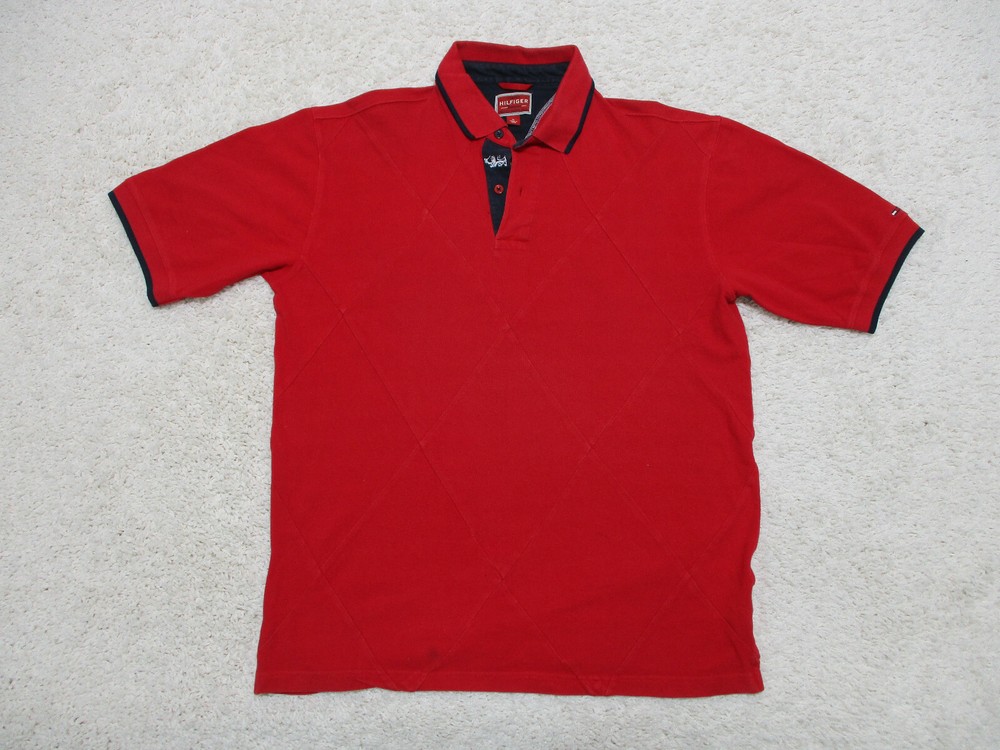 Vintage Tommy Hilfiger Red Rugby Polo Shirt Medium Mens Cotton
