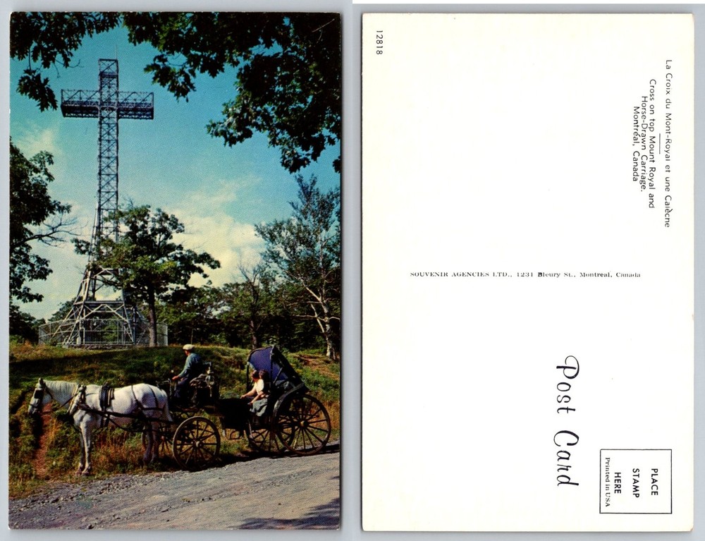 Vintage Montreal Postcard Mount Royal Cross Horse Drawn Carriage Calèche Canada