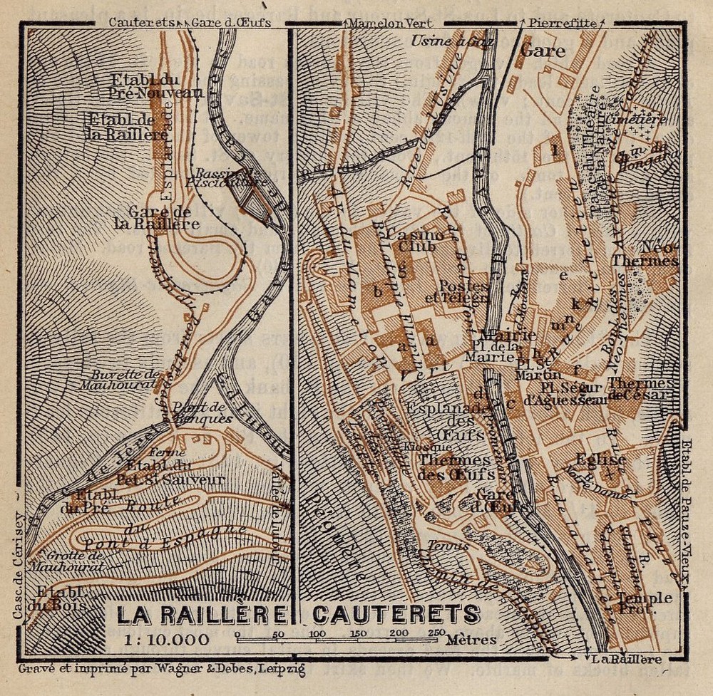 1914 Original Antique City Map Of Cauterets La Raillere / Hautes-Pyrenees France