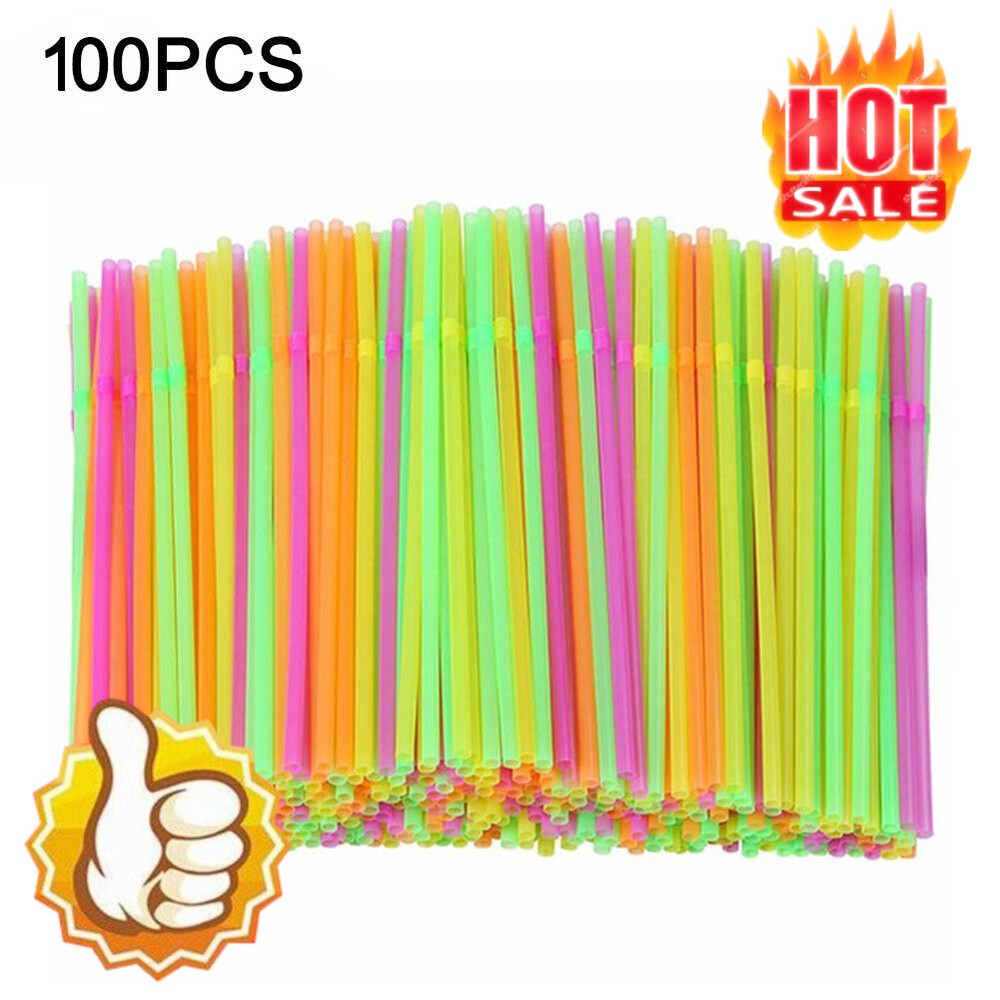 100 Neon Straws Flexible Bendy Birthday Party Plastics Drinking Straw U1S1