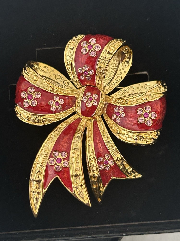 Vintage Joan Rivers Red Enamel Bow W Pink Rhinestones Gold Tone  Pin Brooch
