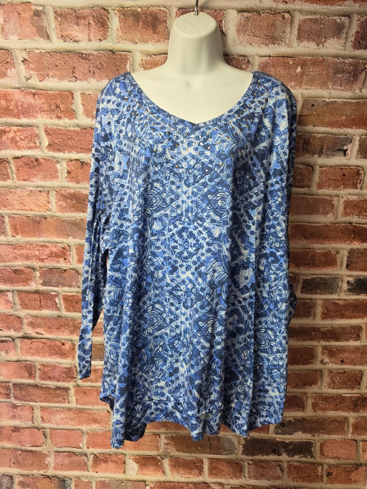 Women's ERIKA Blue White Paisley Floral Studded V-Neck Long Sleeve Tunic Top 2X