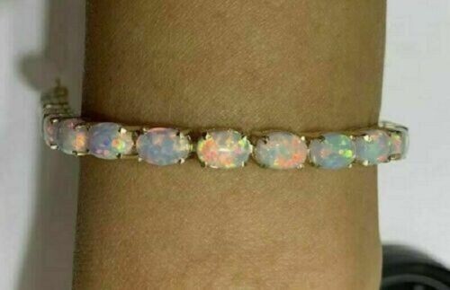 10Ct Oval Cut Fire Opal 7.25 Inches Women's Tennis Bracelet 14k Yellow Gold Over