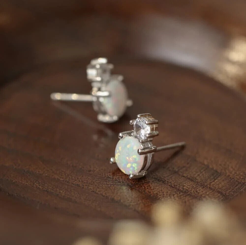 Round Cut Simulated Fire Opal Elegant Stud Earrings in 14k White Gold Plated