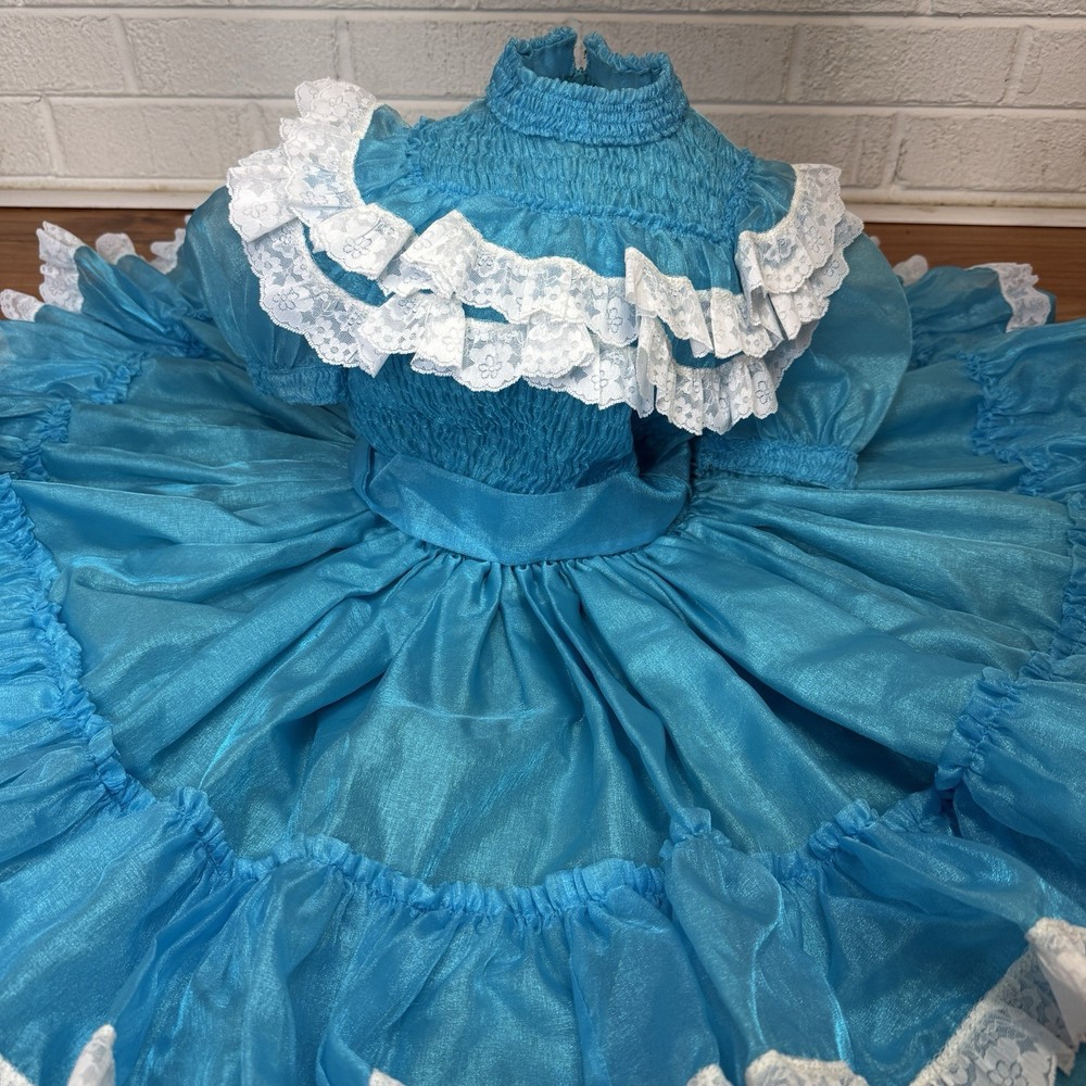Vintage Full Circle Ruffle Pageant Lace tail  Blue Party Girl  Dress Size 6