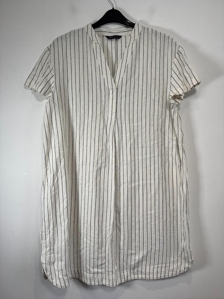 M&S Dress Womens Size 14 Cream Blue Stripe Linen Blend Short Sleeve Shift Midi