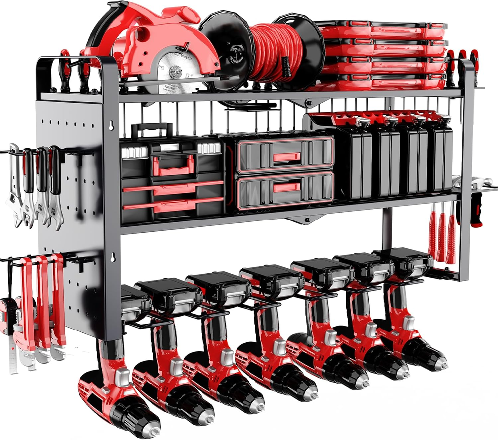 Power Tool Organizer Wall Mount - Pegboard with 7 Drill Holder - Heavy Duty Meta