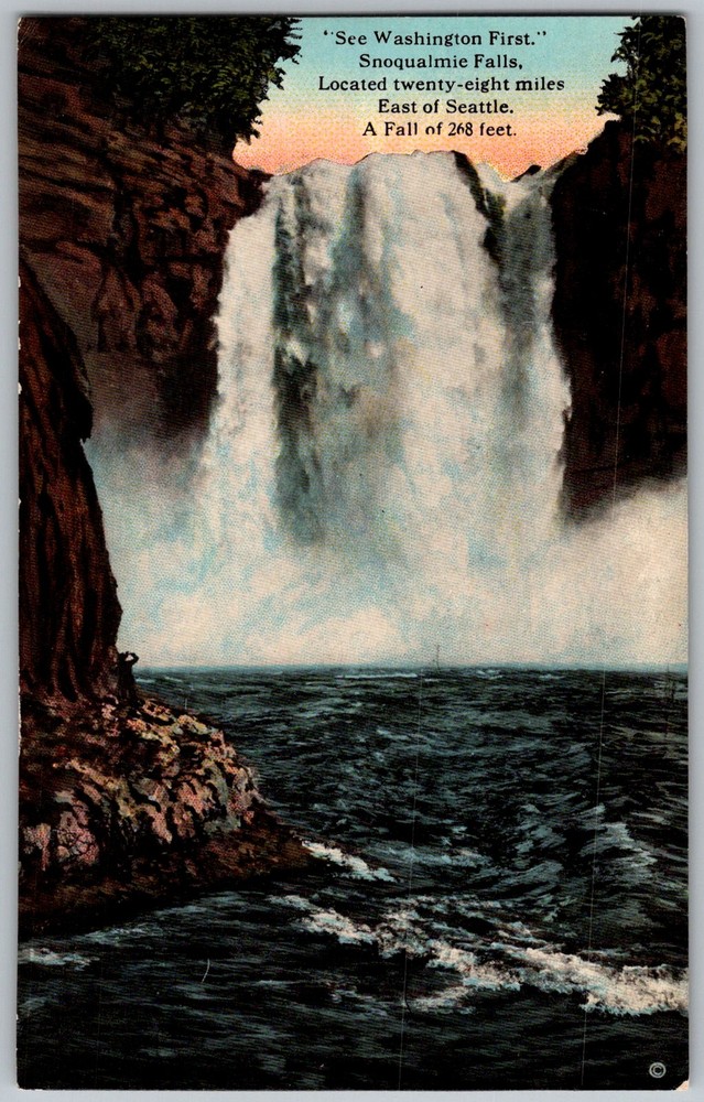 Vtg Postcard Falls Waterfall Snoqualmie, WA 1930s