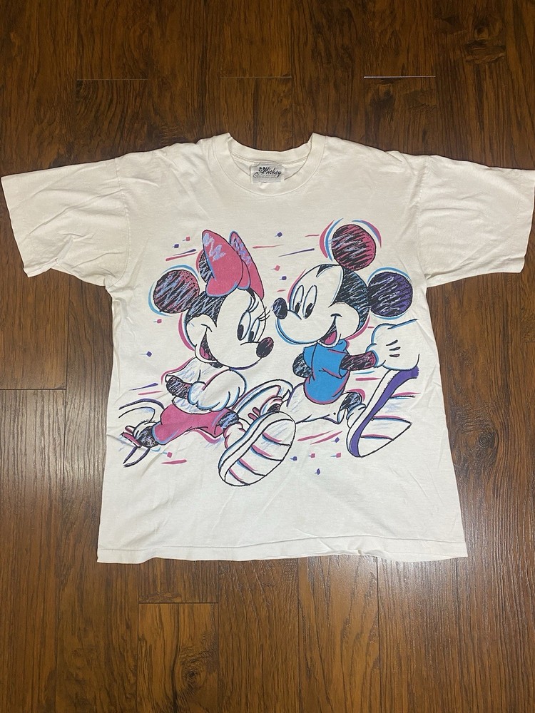 Vintage Walt Disney 1980s Mickey and Minnie Drive Car Big Print 90s Rare Shirt L
