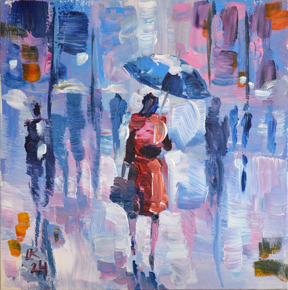 Modern Urban Rainy Street Art Featuring a Cityscape with Umbrella-Wielding Woman and People