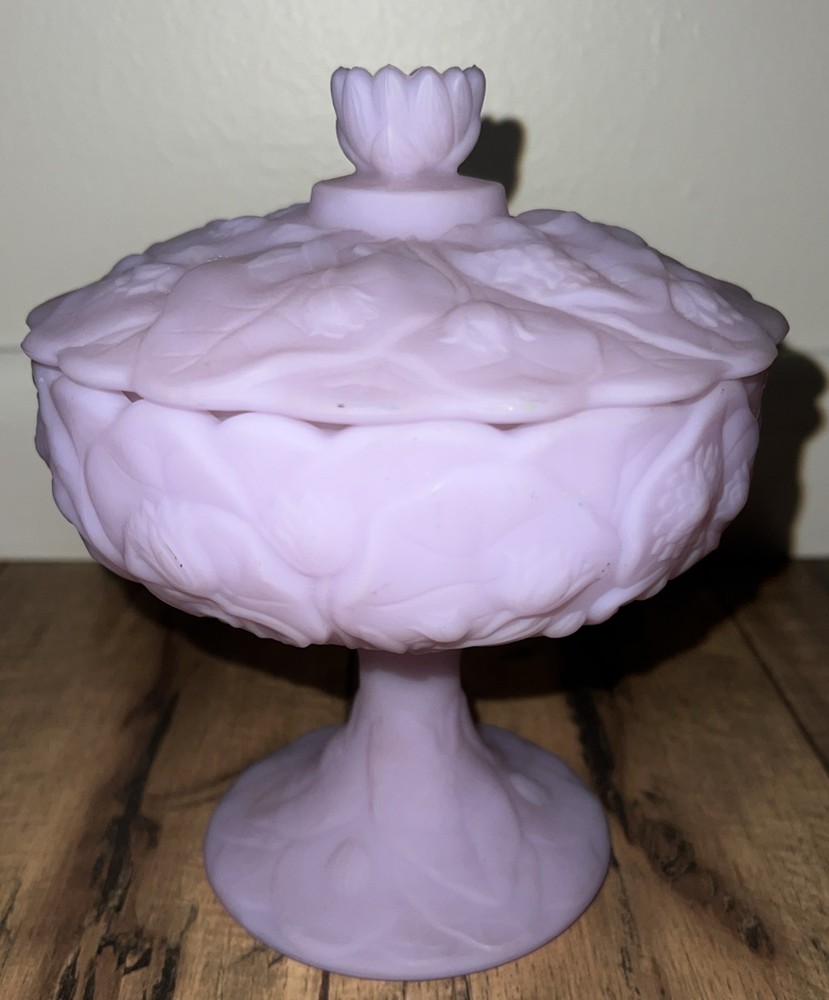Lilac FENTON Purple/Lavender Satin Water Lily Covered Footed Candy Dish/Compote