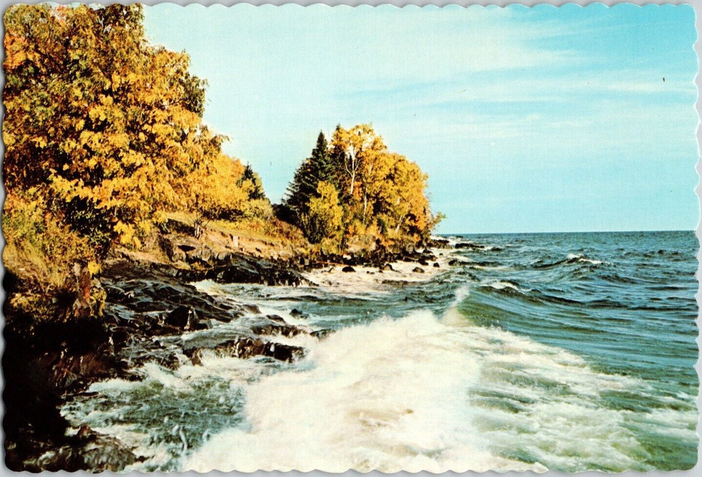 MN Grand Marais Lake Superior's North Shore Breakers Scalloped Edge Postcard