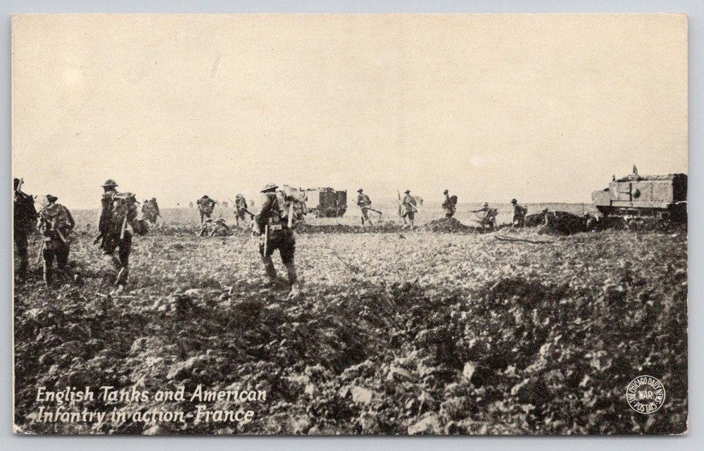 WWI English Tanks American Infantry Action France Chicago Daily News