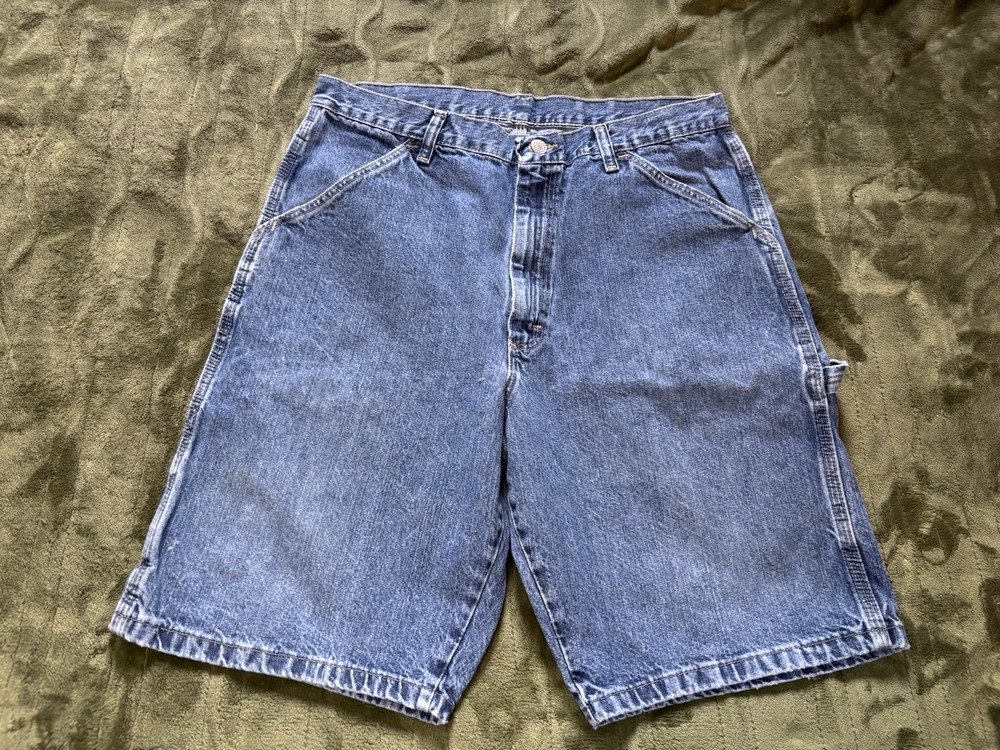 Wrangler Carpenter Shorts Mens 32 Blue Denim Jean Jorts Workwear Baggy Loose